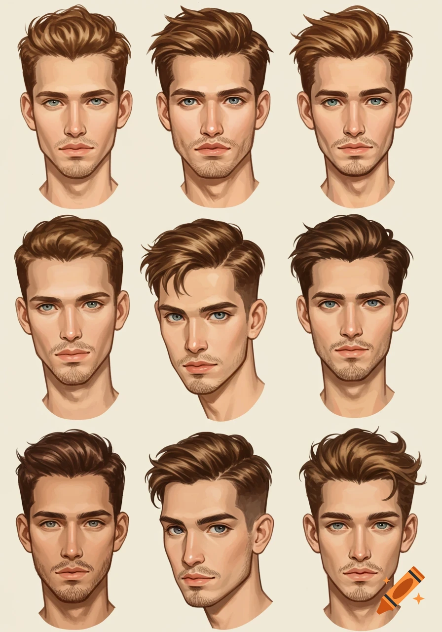 A grid of nine stylized illustrations of men's faces, each with a different medium-length brown hairstyle.