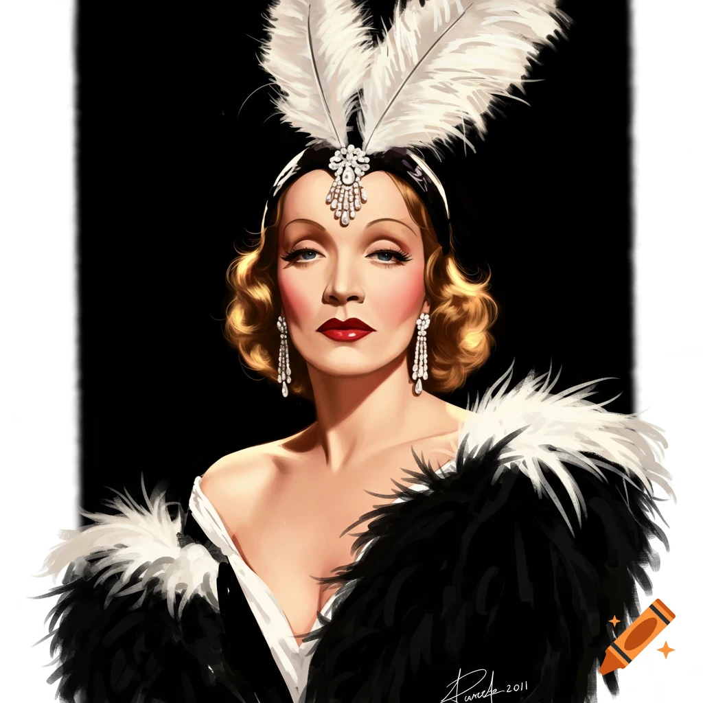 Stylized portrait of Marlene Dietrich with feathers, jewels, and a black boa against a dark background.