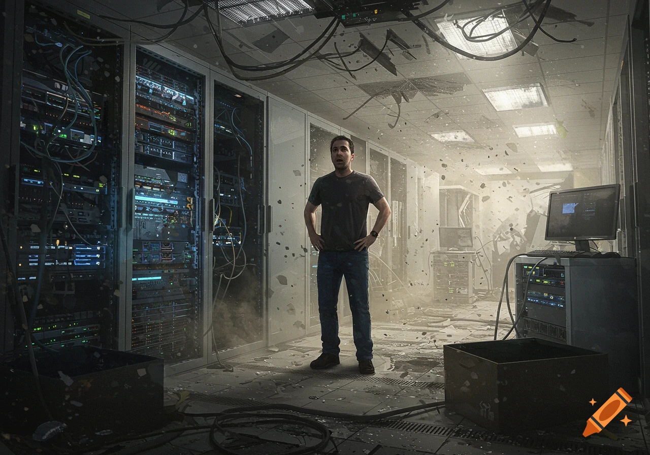 A man stands in a destroyed, dust-filled server room with damaged racks ...