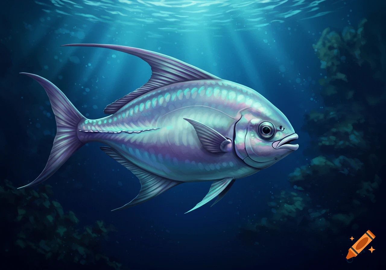 Illustration of a silver and purple pompano fish with long fins swimming in a vibrant blue underwater scene with sun rays.
