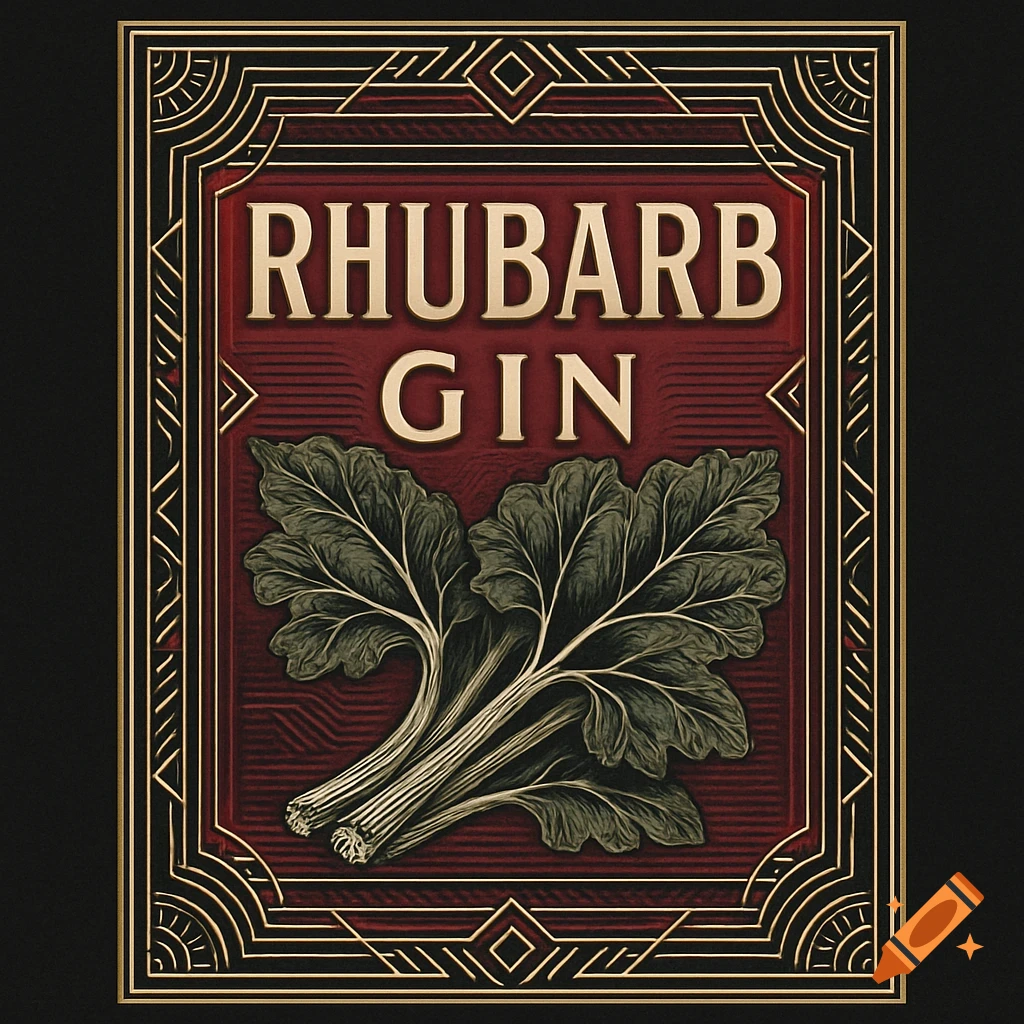 An art deco style label with a gold border, red background, and the text "RHUBARB GIN" above an illustration of rhubarb leaves.