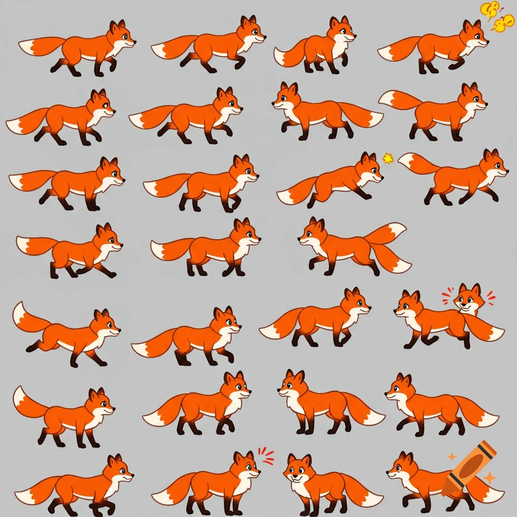 A grid of cartoon orange foxes in various poses, designed as a sprite sheet for animation.