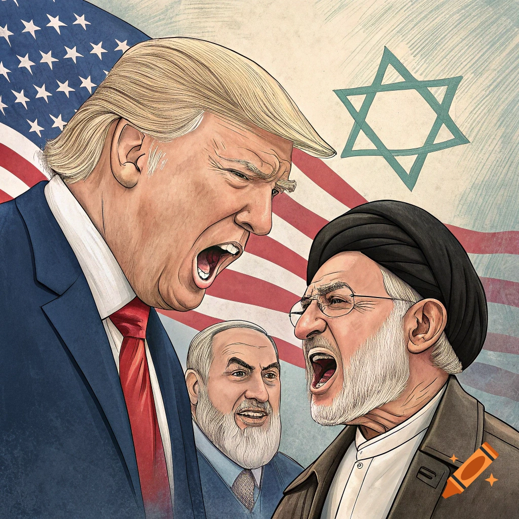 Caricature of Donald Trump yelling at Ayatollah Ali Khamenei, with another man, US flag, and Star of David in background.