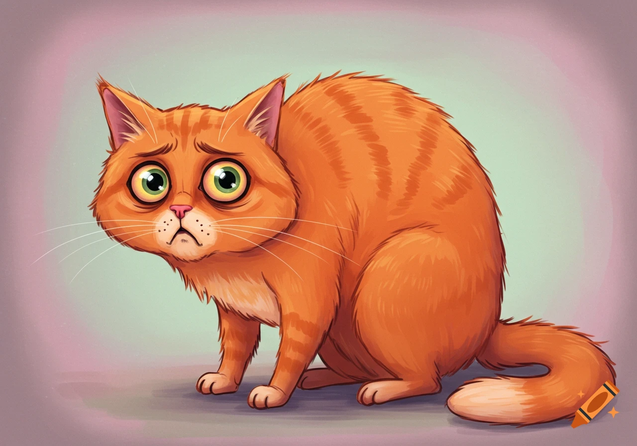 A cartoon orange tabby cat with large sad green eyes sits looking distraught.