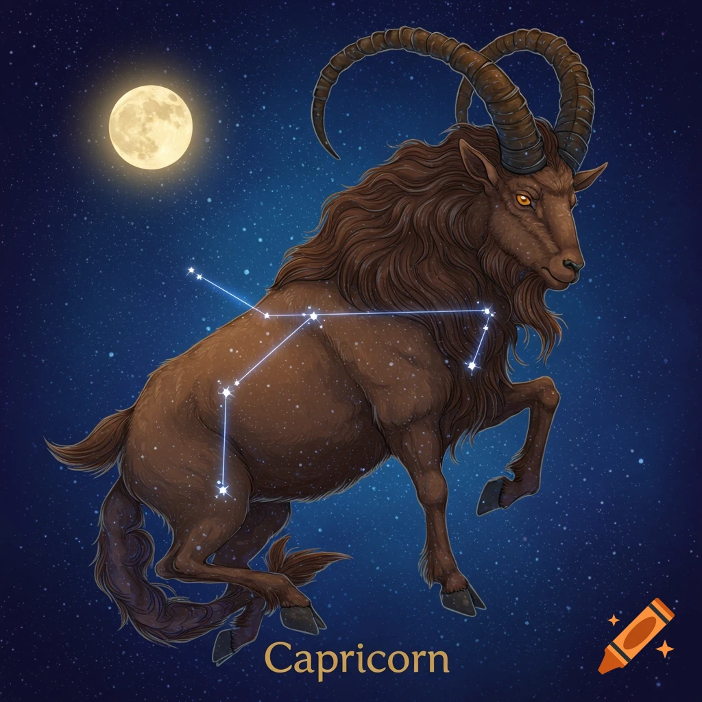 A brown, goat-like Capricorn creature with large horns stands on its hind legs against a starry night sky with a full moon and a constellation outlined in stars. "Capricorn" text is at the bottom.