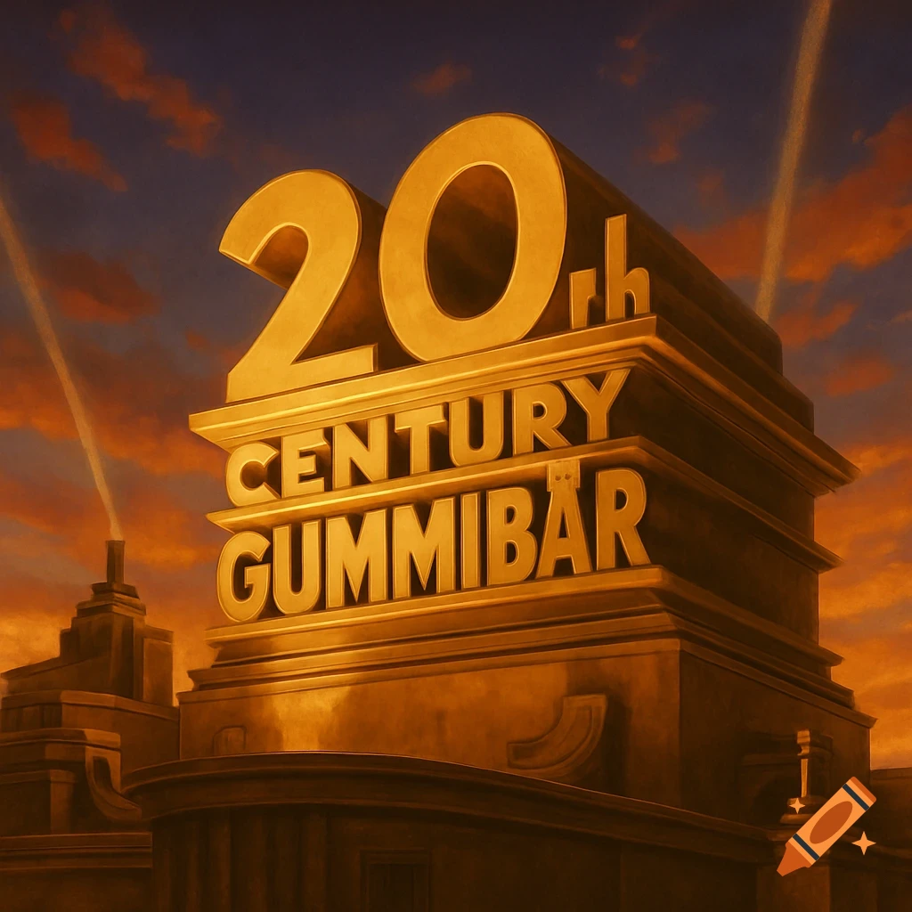 Golden 20th Century Fox-style logo for '20th Century Gummib ar' against a sunset sky.