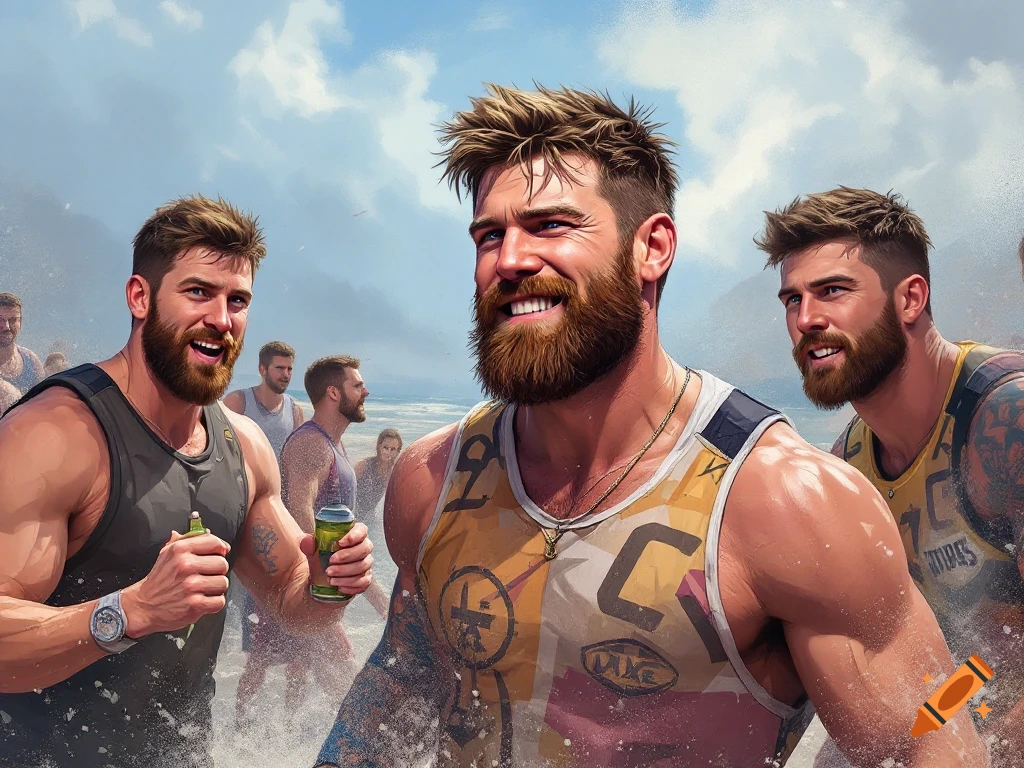 A group of smiling, muscular bearded men in tank tops splashing in water on a sunny beach, with one man smiling broadly at the camera.