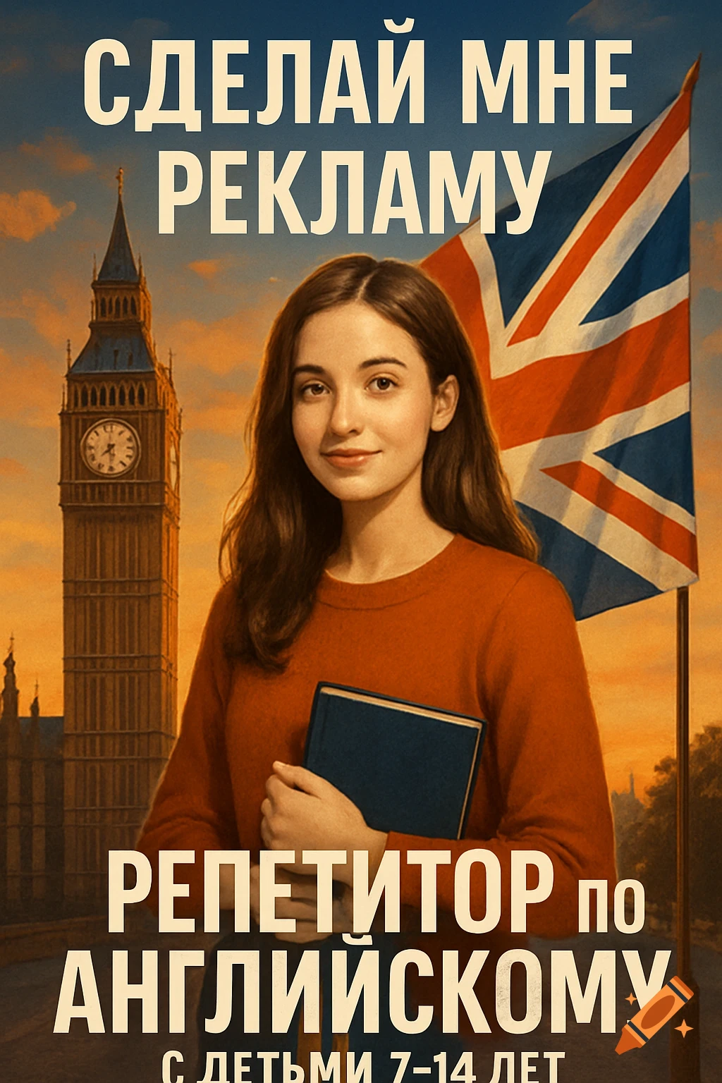 A young woman holding a book stands in front of London's Big Ben and a Union Jack flag, with text advertising English tutoring. The sky is an evening orange.