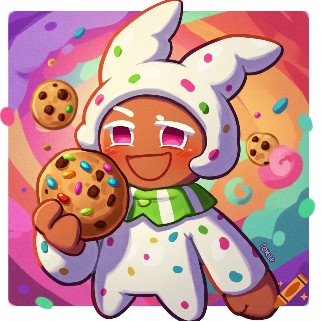 A cheerful cookie character in a white bunny suit with sprinkles holds a large cookie against a colorful background.