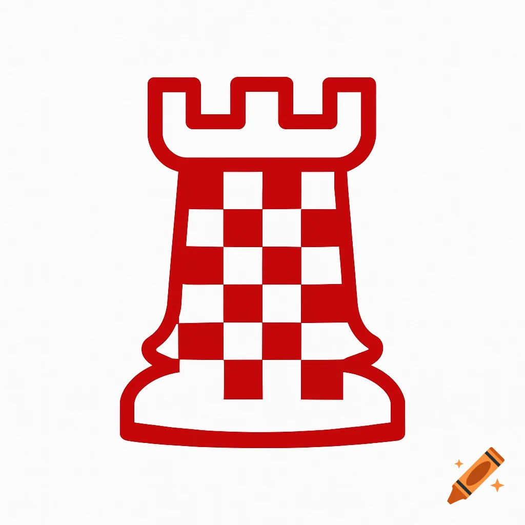 A simplistic red and white checkerboard chess rook logo.