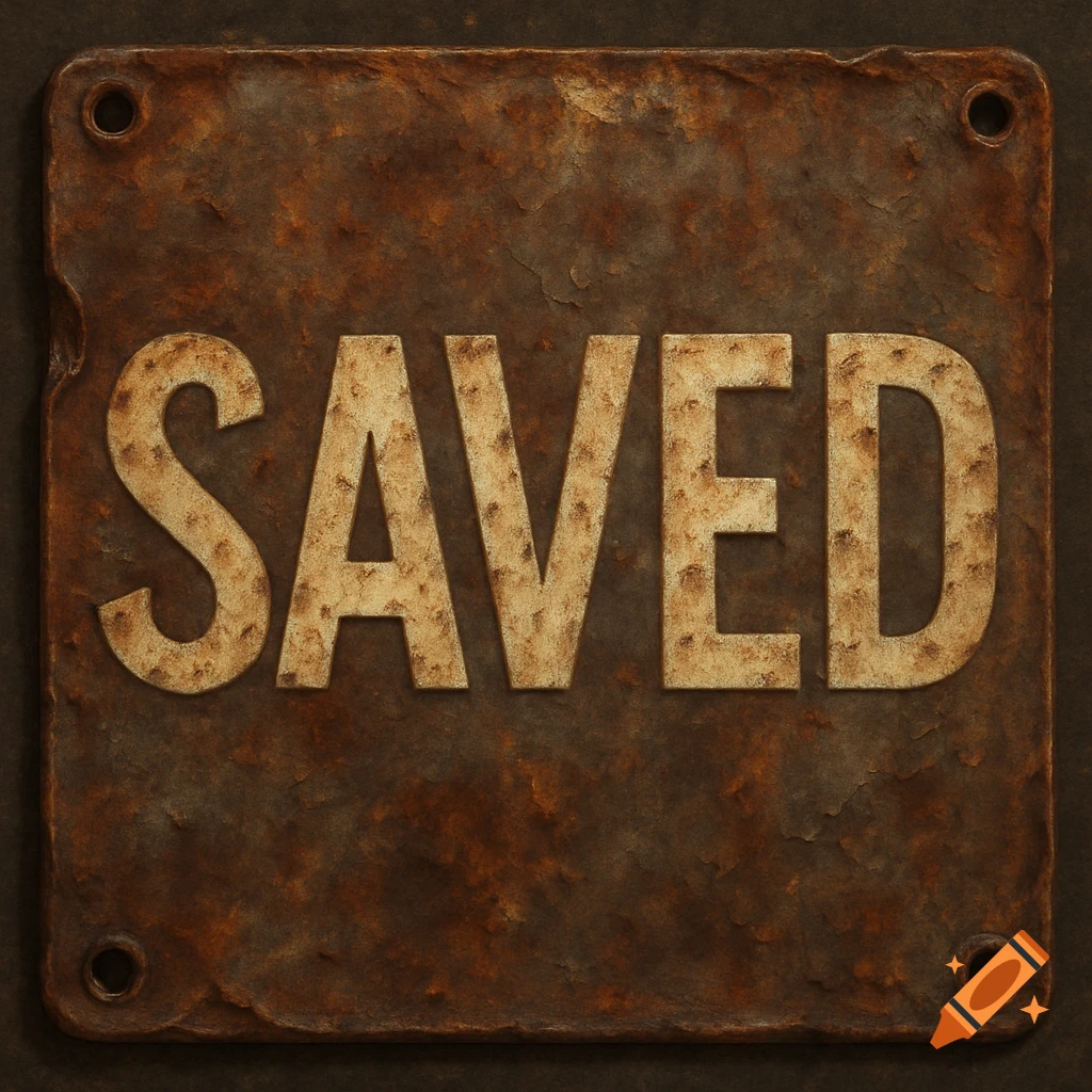 A rusty, dented metal sign with the word "SAVED" in raised, textured letters.