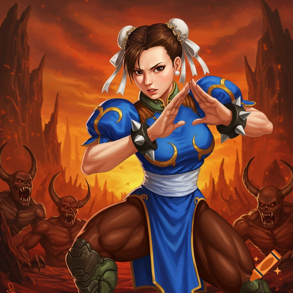 Chun-Li from Street Fighter in a fighting pose, with a green armored knee pad, stands among horned demons in a fiery, hellish landscape, digital art style.