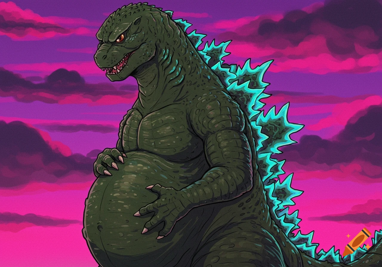 A green cartoon Godzilla with a large pregnant belly, rubbing it with both hands, against a vibrant purple and pink sky.