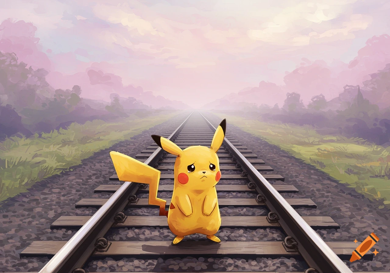 Pickachu Train Sad Pikachu standing on train tracks in a misty, watercolor landscape ...