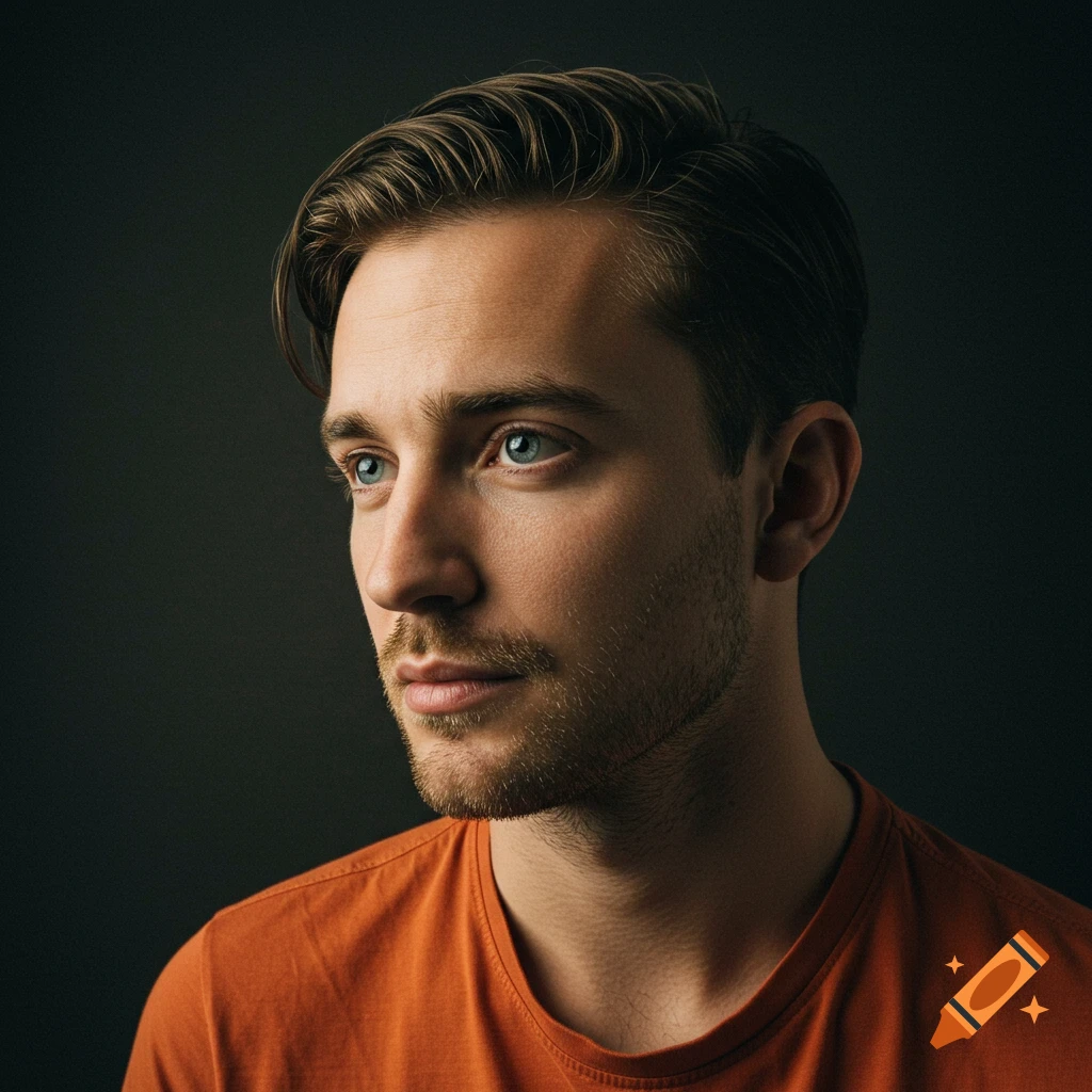 Close-up portrait of a man with light brown hair and blue eyes, wearing an orange shirt, against a dark background.