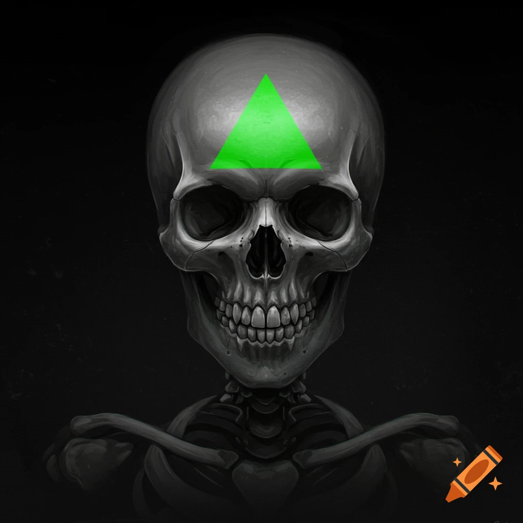 A stylized, grayscale illustration of a skeleton's skull and upper torso, with a vibrant green triangle on its forehead.
