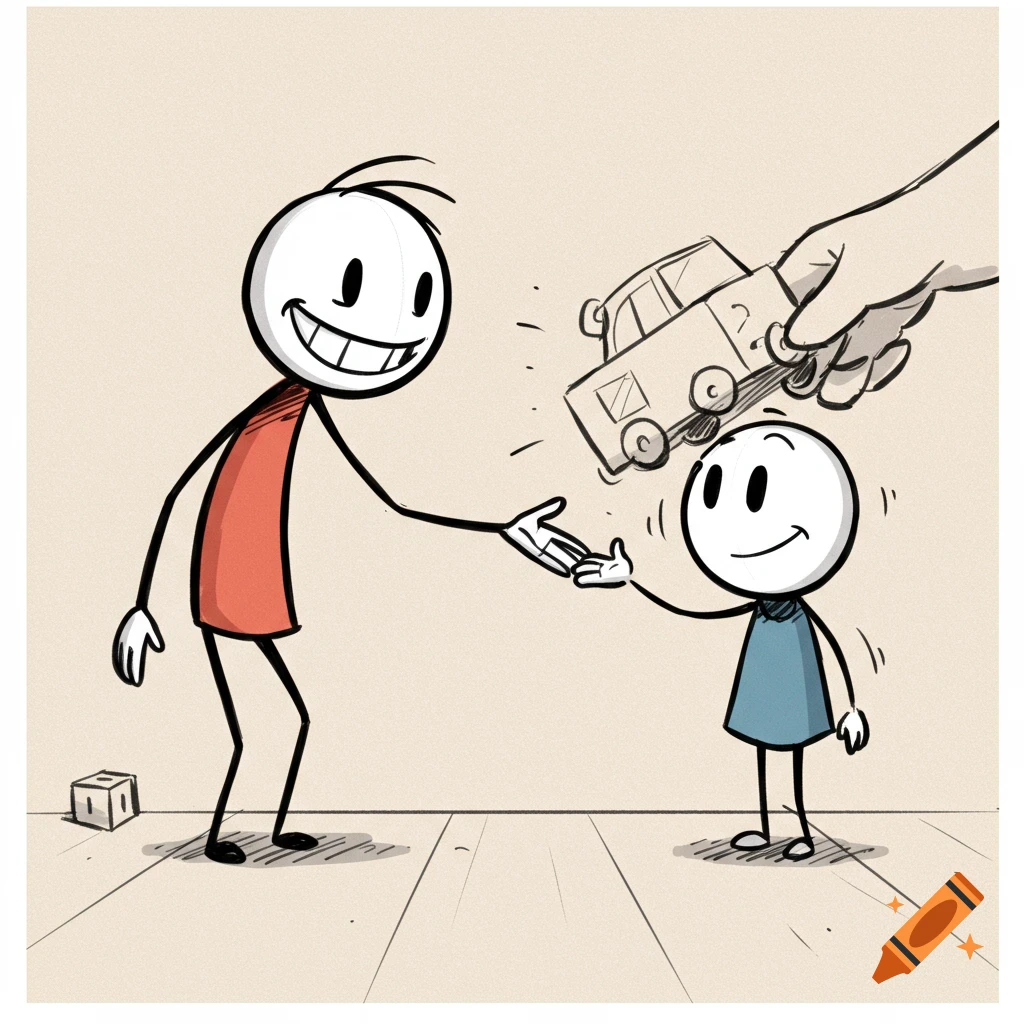 Hand-drawn cartoon of a large stick figure giving a toy car to a smaller stick figure, in a sketch style.