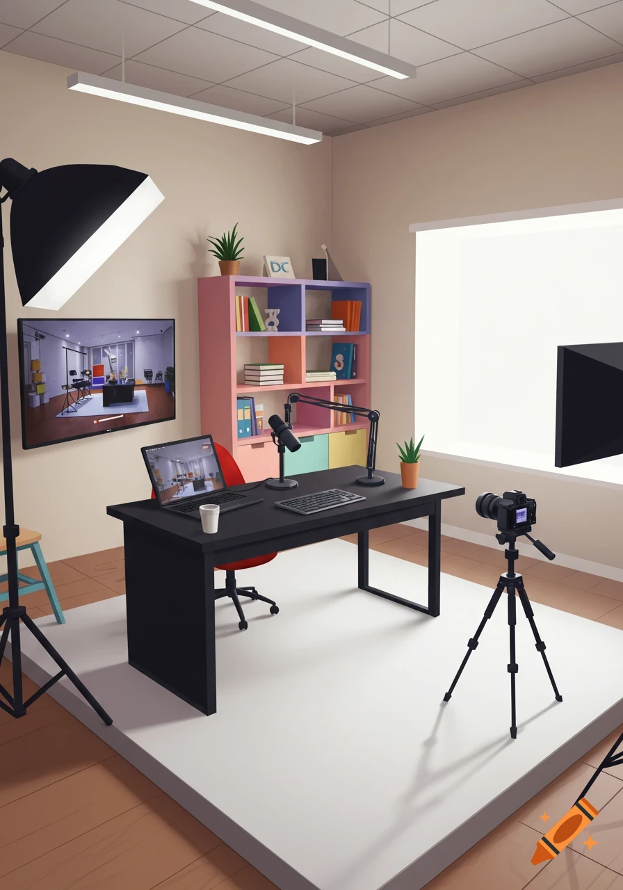 A modern studio setup for video recording or streaming, with a desk, microphone, laptop, camera on a tripod, and a colorful bookshelf.
