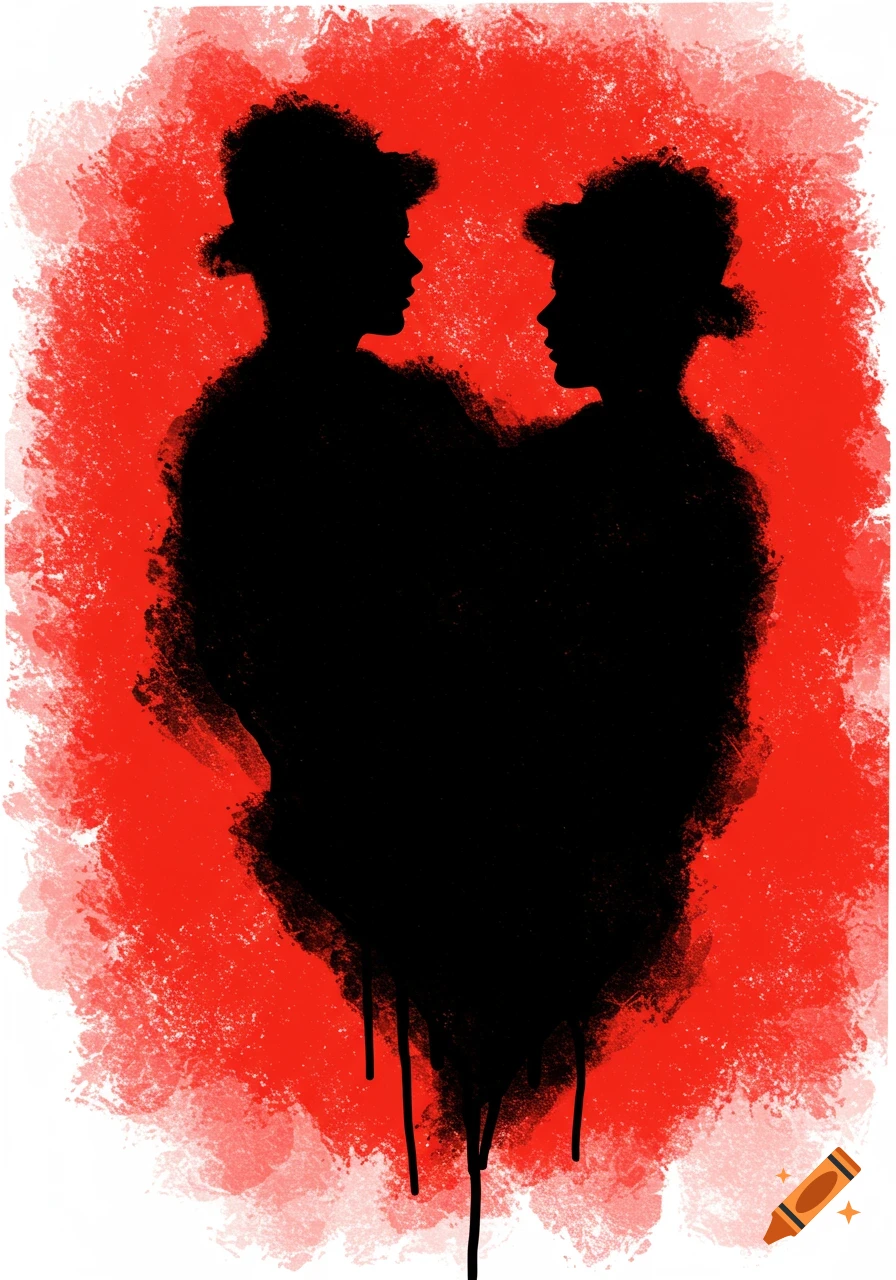 Two black human silhouettes face each other against a textured red background in a painterly style.