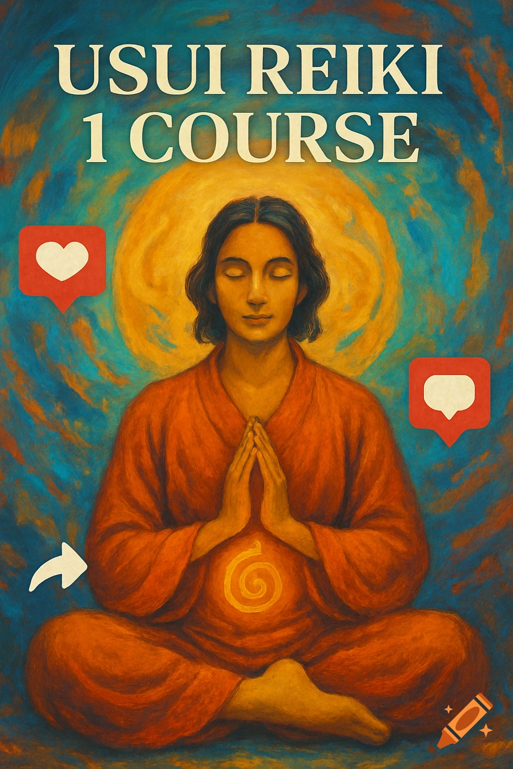 A person meditates under a golden sun, surrounded by a blue and orange aura, with 'USUI REIKI 1 COURSE' text and social media icons.