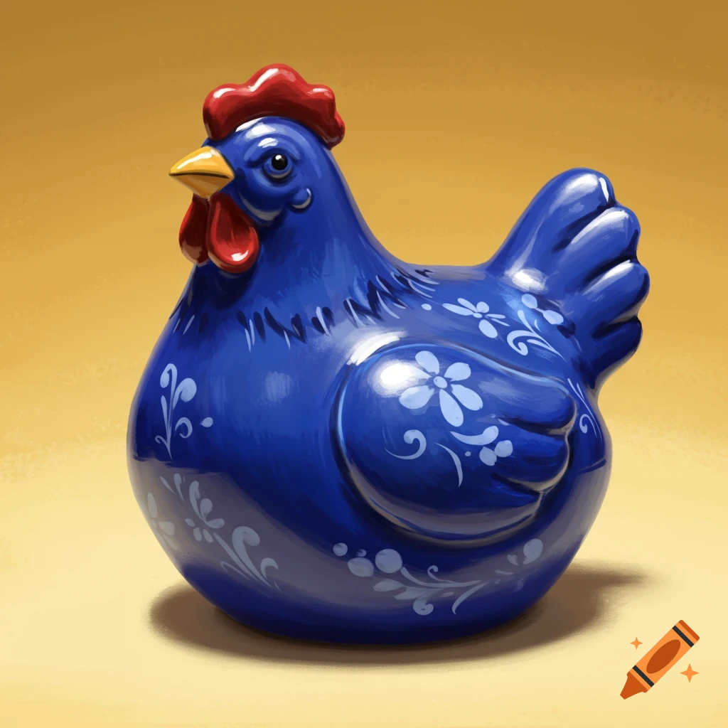 A glossy blue ceramic chicken figurine with white floral patterns, a red comb, and a yellow beak, standing on a golden surface.