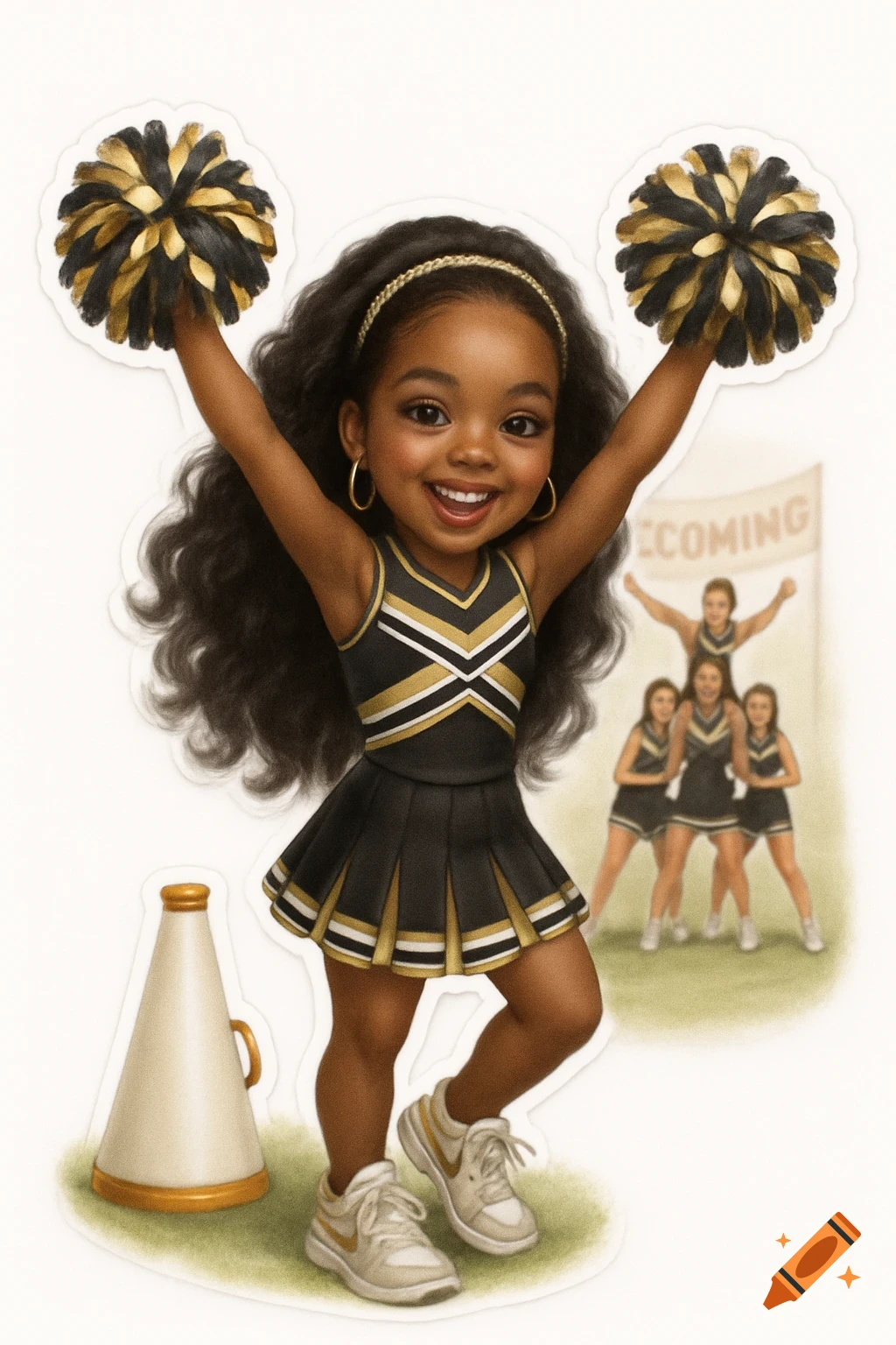 A happy animated African American girl in a black and gold cheer uniform holds pom-poms with a cheer team and megaphone in the background.