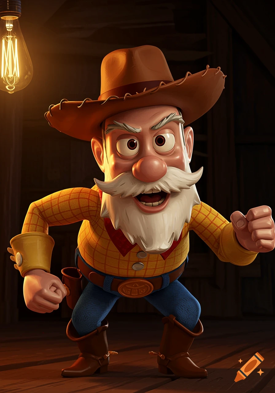 A 3D animated Stinky Pete from Toy Story, a cowboy character with a brown hat and white mustache, stands under a glowing light bulb.