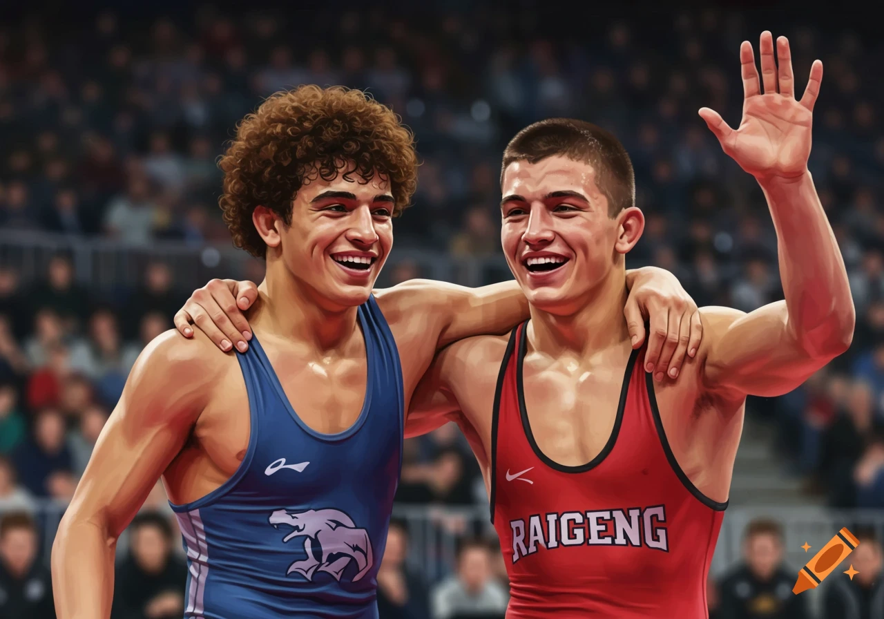 Illustration of two smiling teen boy wrestlers in blue and red singlets, arms around each other in a stadium, one waving.