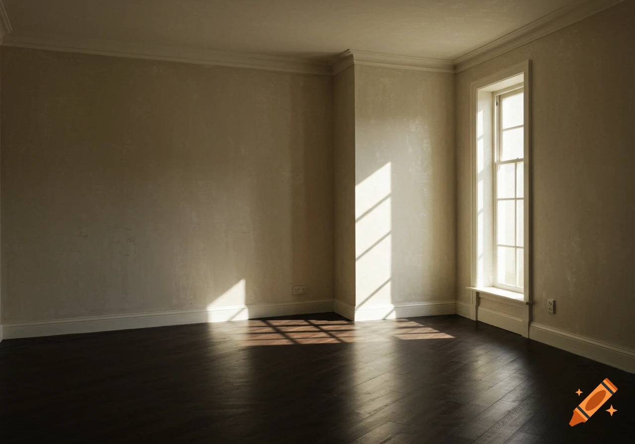 Sunlight streams through a tall window into an empty, photorealistic room with dark hardwood floors and light-colored textured walls.