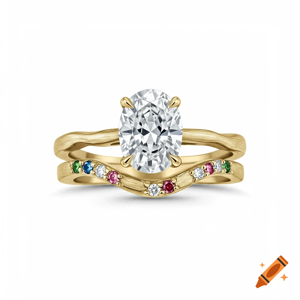 An oval solitaire diamond engagement ring with a textured gold wavy band and colorful sapphire accents.