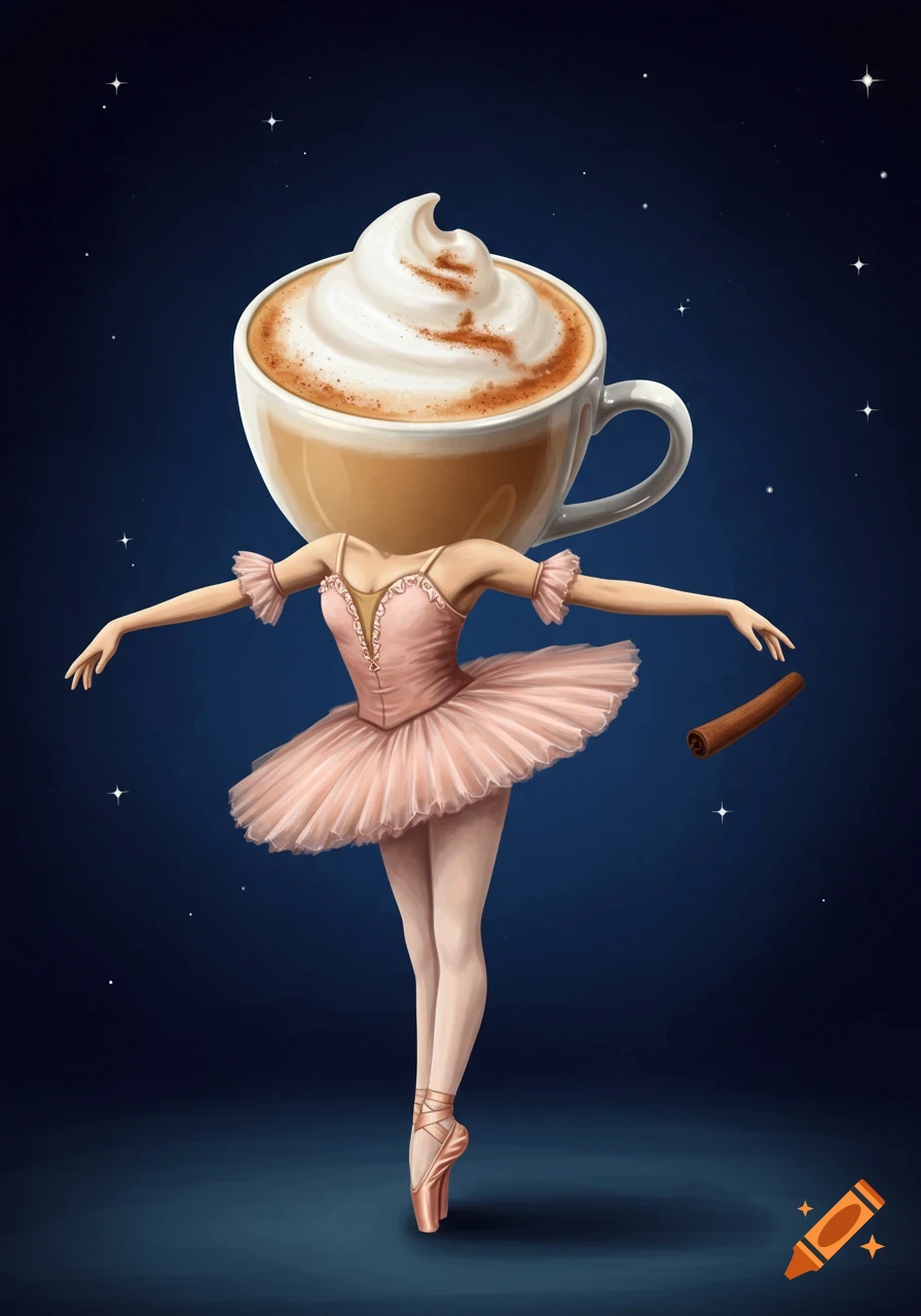 A whimsical ballerina with a frothy cappuccino cup for a head, dancing on a dark starry stage, holding a cinnamon stick.