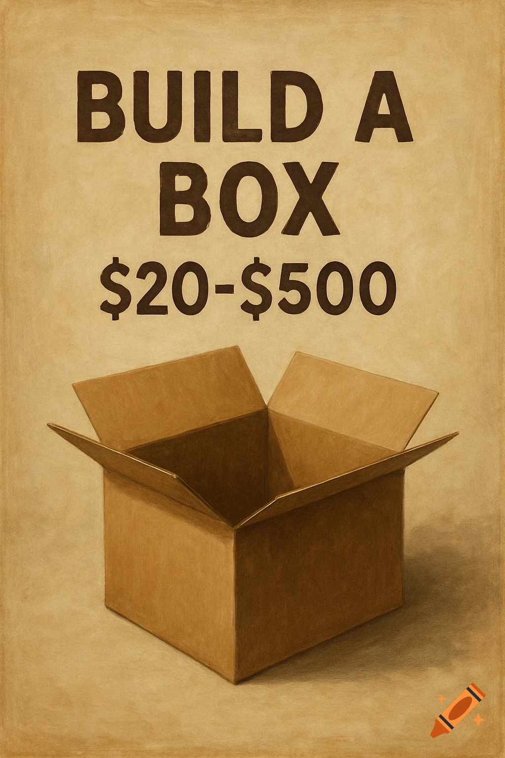 An open cardboard box on a textured beige background with the text "BUILD A BOX $20-$500" in dark brown letters above it, in a vintage poster style.