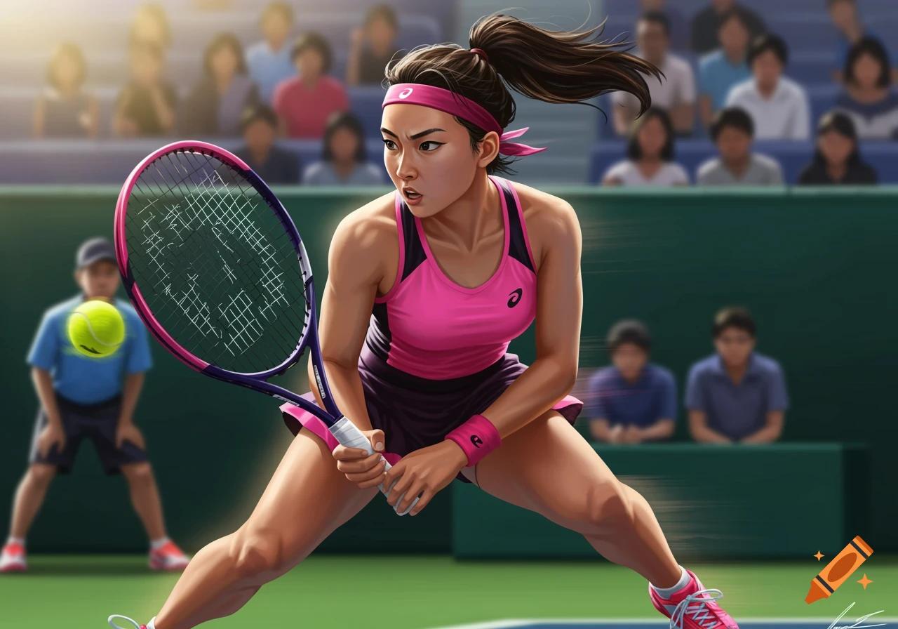 An intense cartoon-style illustration of a female teen tennis player in a pink and black outfit, mid-game, preparing to hit a tennis ball on a green court.