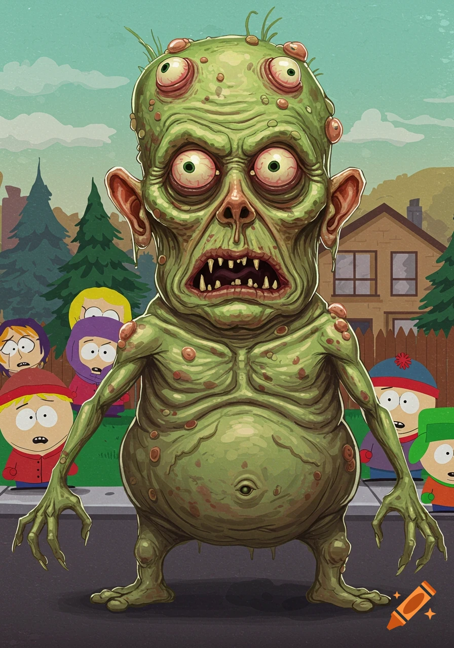 A grotesque green monster with multiple eyes and sharp teeth stands in a suburban street, with cartoon South Park characters visible in the background.