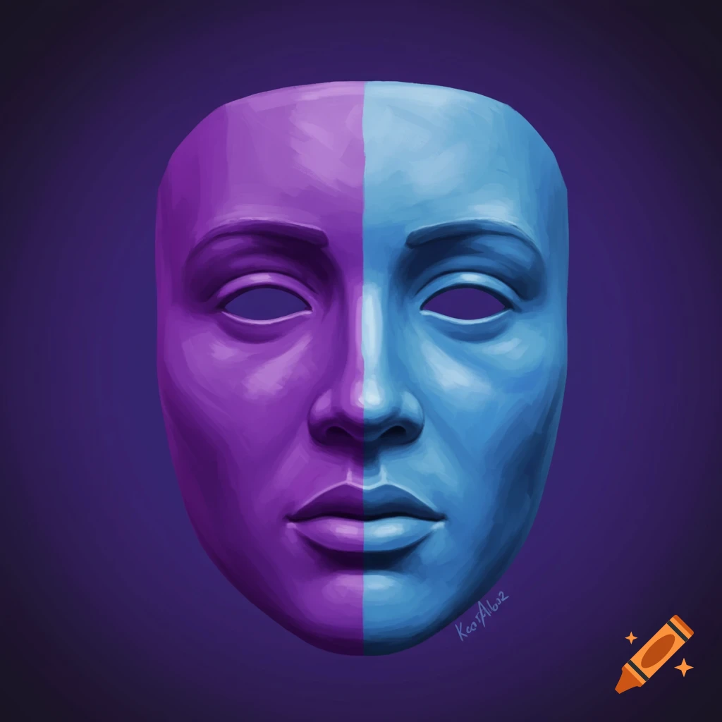 A digitally painted half-purple, half-blue mask with a neutral face, on a dark purple background.
