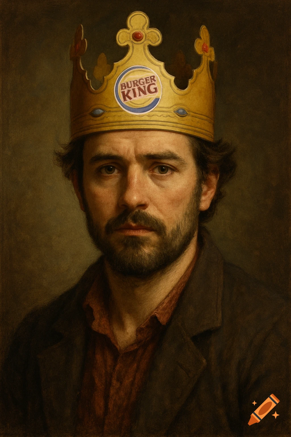 Photorealistic portrait of a bearded man in a dark jacket and red shirt, wearing a golden crown with the Burger King logo.