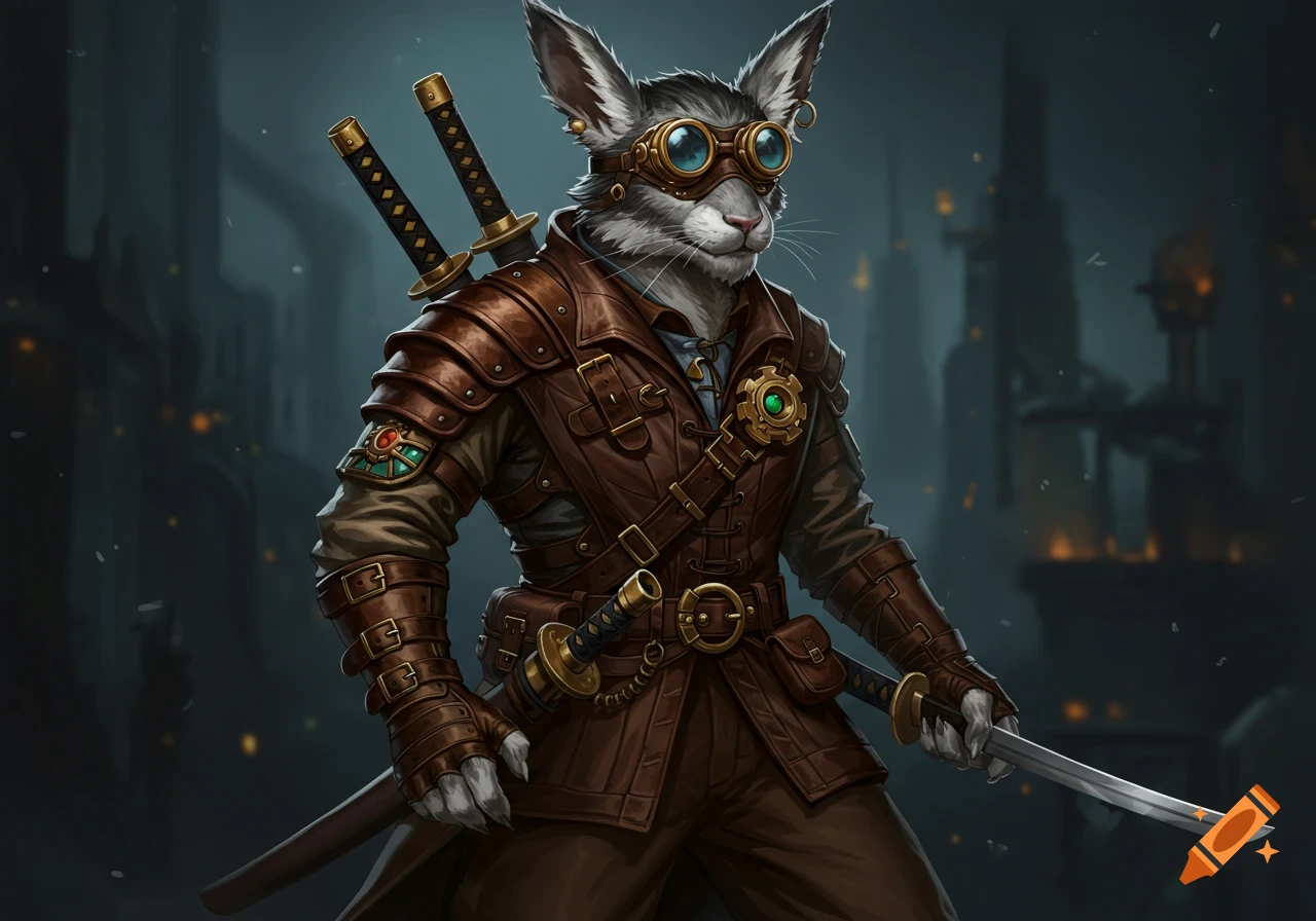 A grey and white harengon, a cat-like humanoid, stands in a brown steampunk outfit with two katana swords.