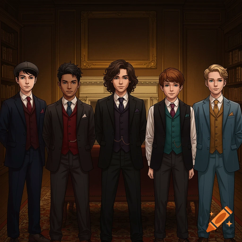 Five young men in suits stand in a row in a grand, wood-paneled room in a stylized digital illustration.