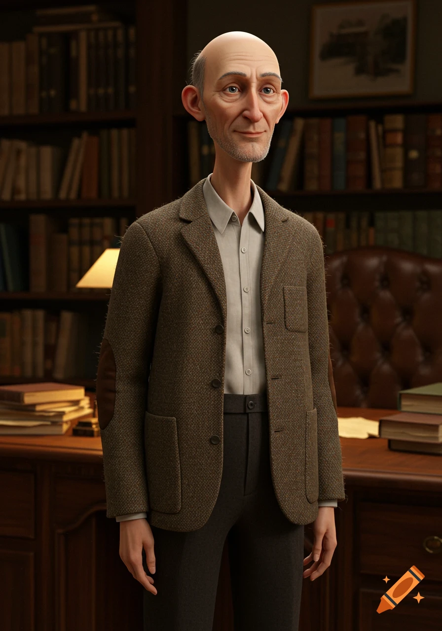 A stylized portrait of a bald, thin old man with a stubble beard, wearing a tweed jacket, standing in a library.