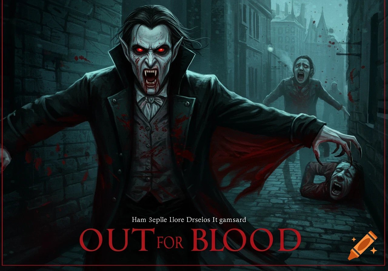 A stylized vampire with red eyes and fangs, covered in blood, with a dismembered head and screaming victims in a dark alley.