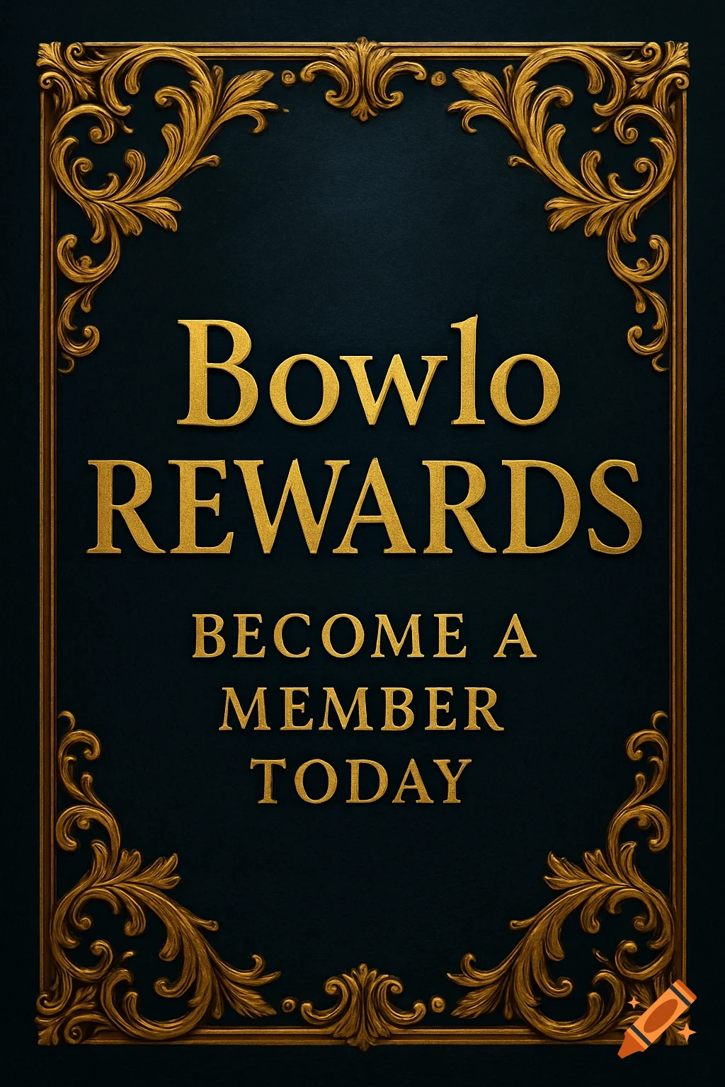 Ornate gold-framed dark blue poster for Bowlo Rewards, with text 'Bowlo REWARDS BECOME A MEMBER TODAY'.
