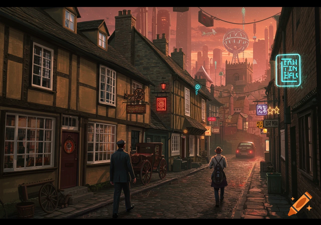A narrow cobbled street in a steampunk village, with traditional timber-framed houses under a reddish sky, illuminated by vibrant neon signs and futuristic technology in the distance. Two figures walk away from the viewer.