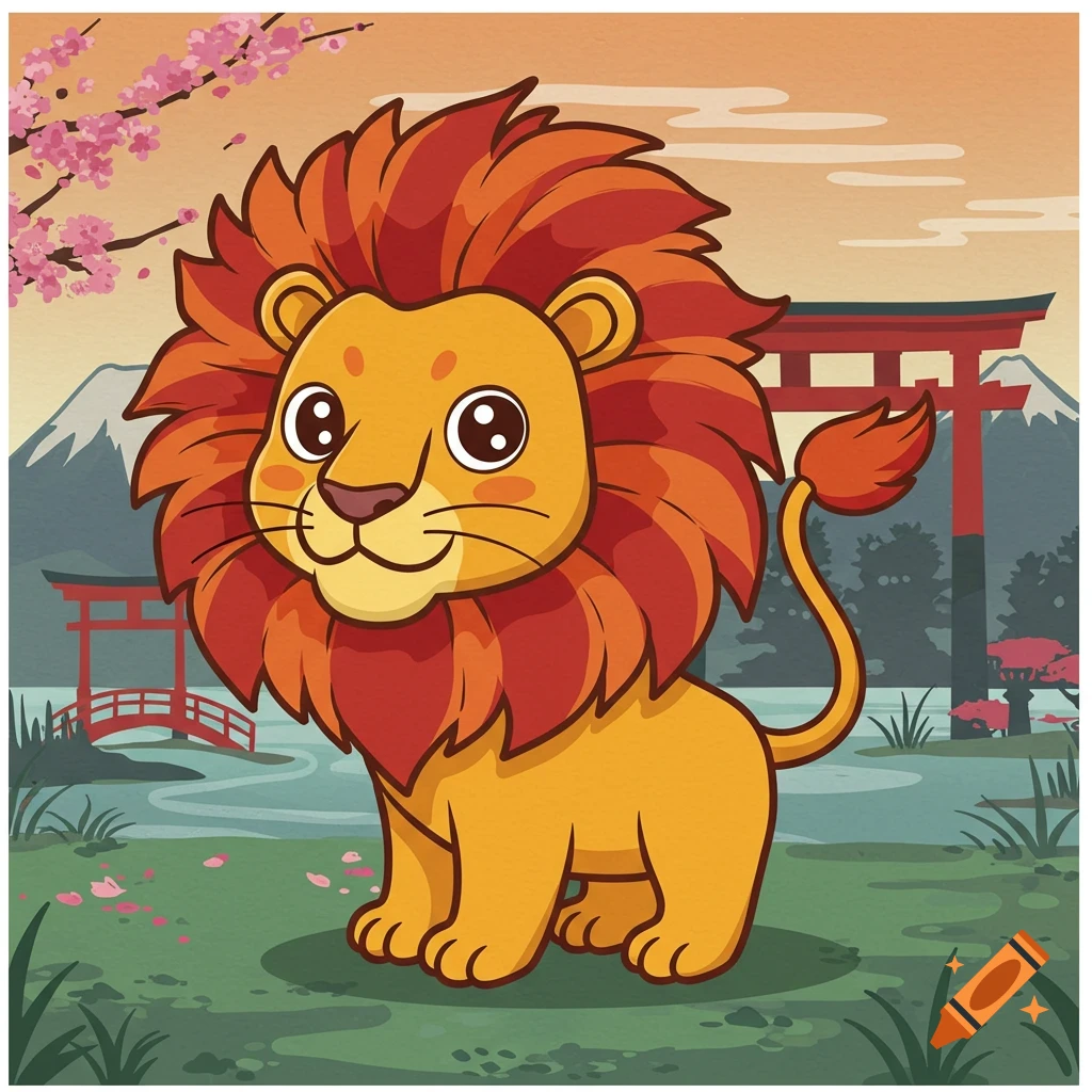 A cute cartoon lion with a red and orange mane stands in a Japanese landscape with cherry blossoms, a red torii gate, and Mount Fuji.