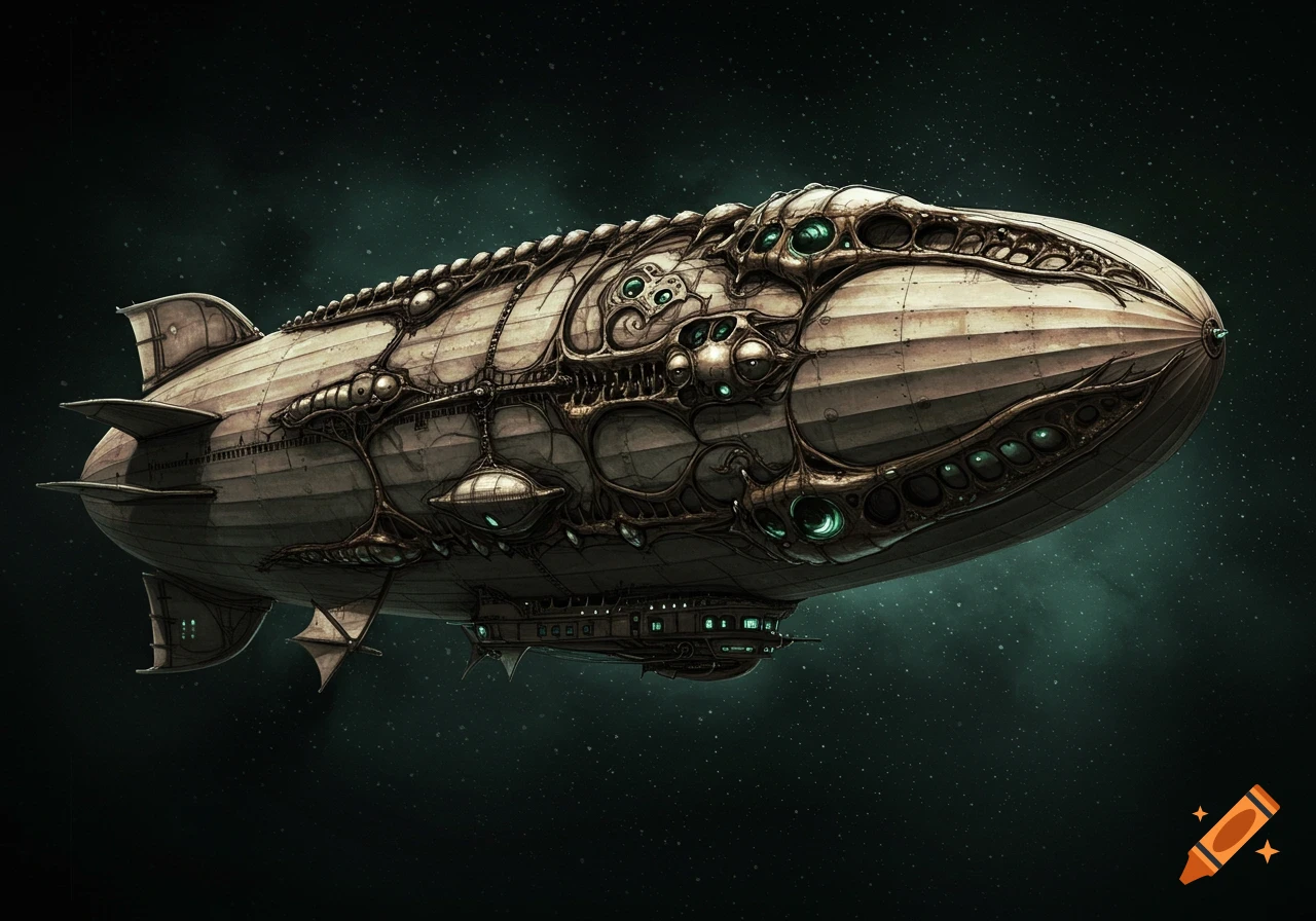 A vintage, biomechanical zeppelin with intricate details floats in a dark, star-filled sky.