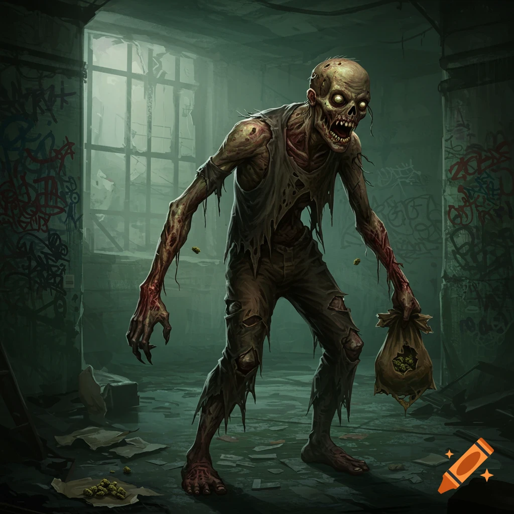A grotesque zombie with glowing eyes, tattered clothes, and exposed flesh stands in a dark, graffiti-covered room, holding a bag of green cannabis shake.