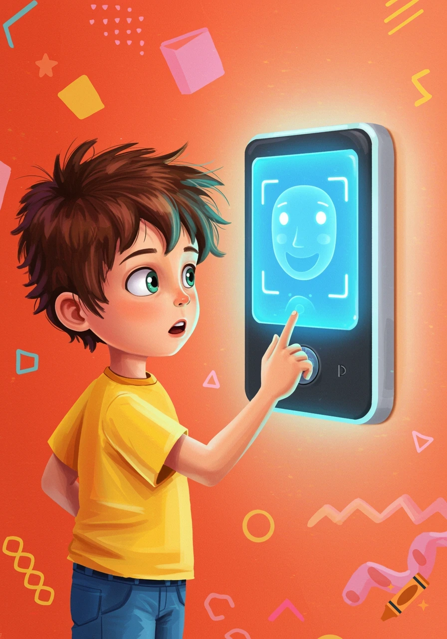 A cartoon boy with brown hair and a yellow shirt presses a glowing blue facial recognition doorbell on an orange background.