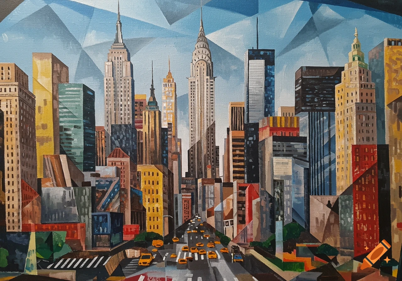 Cubist painting of a New York City skyline with skyscrapers, a street full of yellow taxis.