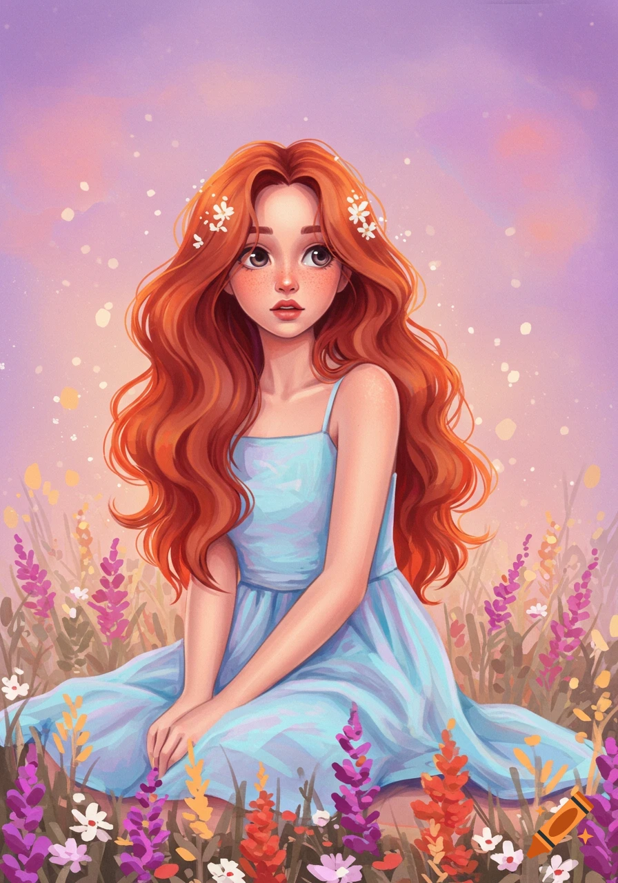A stylized illustration of a red-haired girl in a light blue dress sitting amidst colorful flowers under a purple sky.