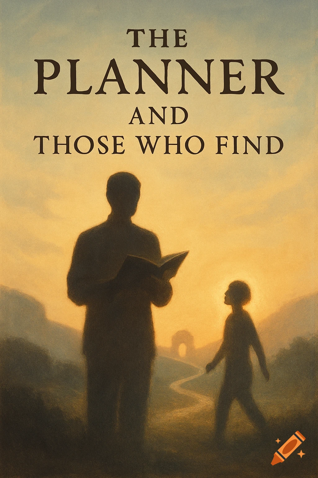 Silhouettes of a man reading a book and a child walking, against a golden sunset sky with hills and a path. Title 'THE PLANNER AND THOSE WHO FIND'.
