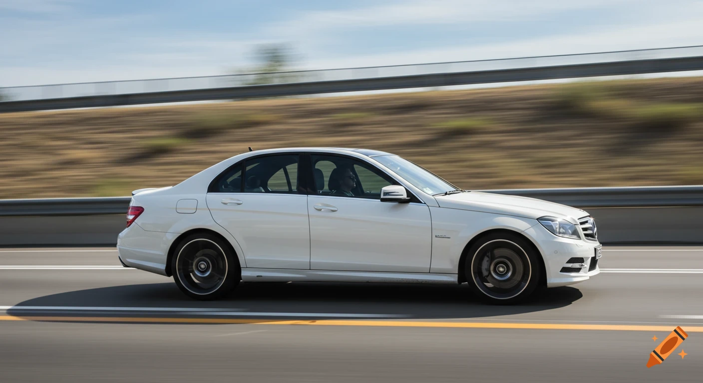 A white Mercedes-Benz C300 sedan with an AMG package drives on a highway under a clear sky.